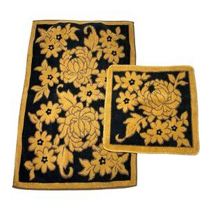 Vintage MCM Fieldcrest Floral Towels Black Gold Cotton Terrycloth